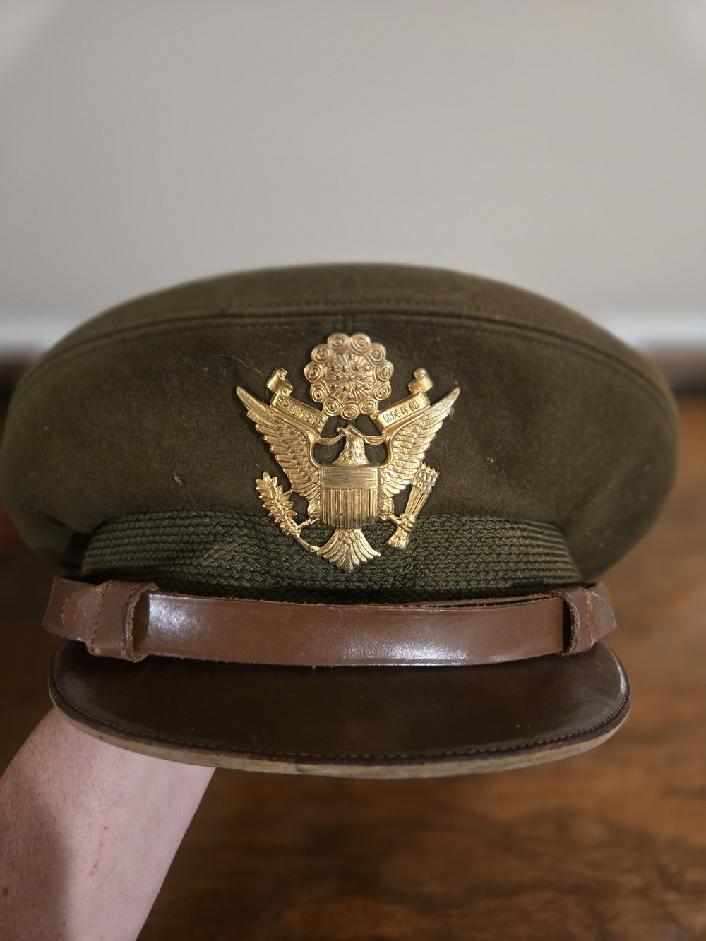 Men's Military-Style Olive Green Officer Cap with Gold Eagle Emblem